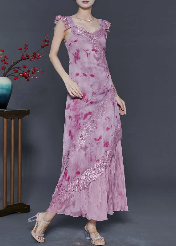 Rose Lace Patchwork Chiffon Long Dress Print Summer Tiered Lace Gown