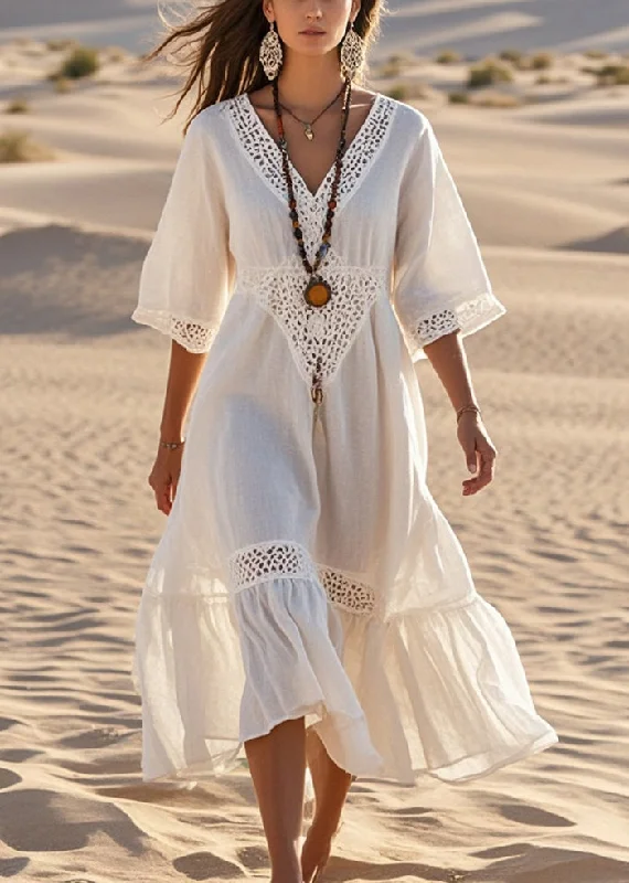 Elegant White V Neck Patchwork Lace Robe Dresses Summer Lace Dress for Women