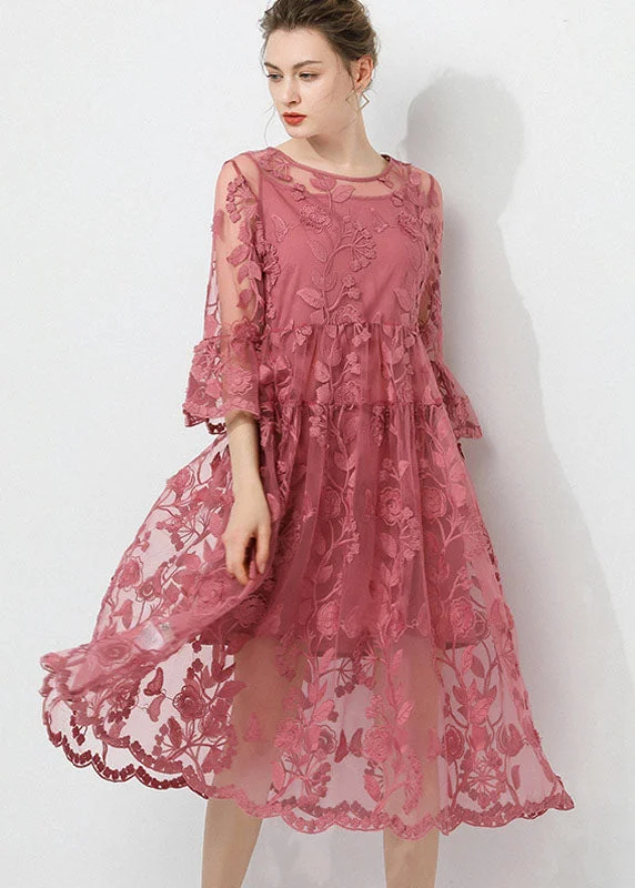 Vintage Pink Embroideried O-Neck Two Pieces Set Lace Dress Light Lace Dress