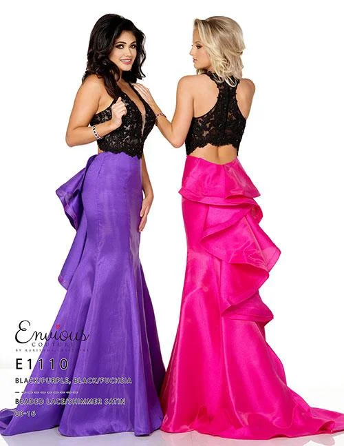 Envious Couture 1110 Size 4 Black/Purple Beaded Sheer Lace Ruffle Mermaid Prom Dress Tiered Lace Dress