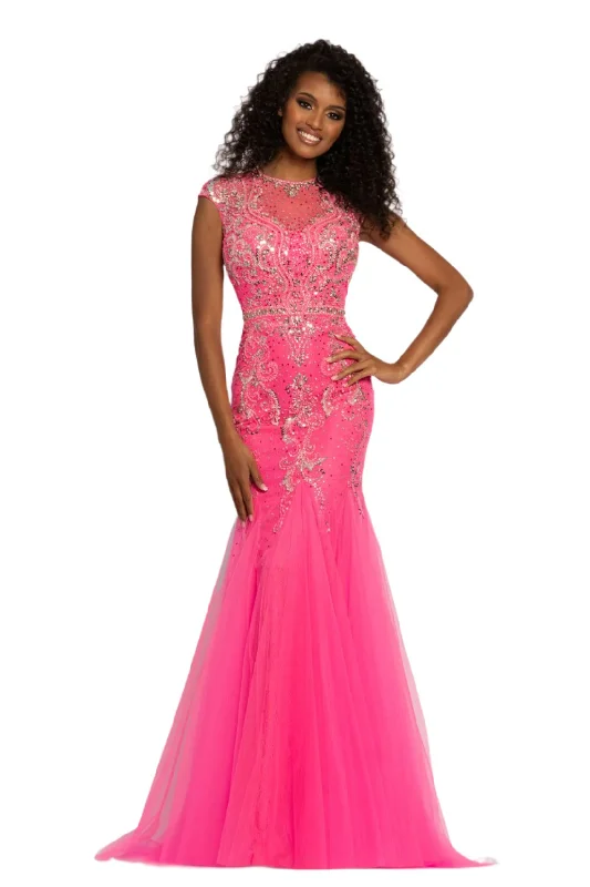 Johnathan Kayne 9039 Size 12 Neon Pink Prom Dress Lace Cap Sleeve Mermaid Evening Dress Classic Lace Dress