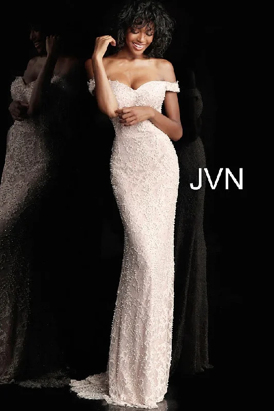 Jovani JVN66695 Size 10 Blush Lace Pearls Embellished Prom Dress Pageant Gown Lace Dress with Belt