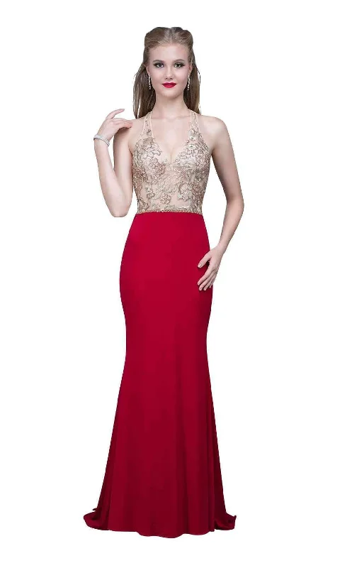 Nina Canacci 2130 Size 4 Red/Gold, Fitted Halter Lace Prom Dress Formal Gown Chic Lace Dress