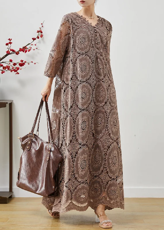 Boutique Brown Oversized Hollow Out Lace Maxi Dresses Summer Blue Lace Dress