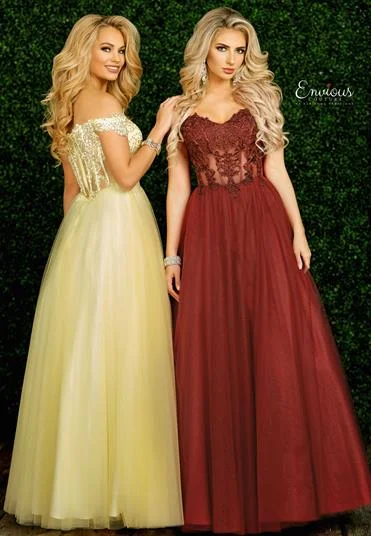 Envious Couture E1489 Size 8 Yellow Prom Dress Sheer Lace off the shoulder ballgown Sweetheart Lace Dress Shine