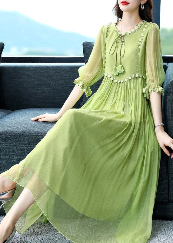 Bohemian Green Solid Color Lace Up Wrinkled Chiffon Dress Half Sleeve Lace High Neck Dress