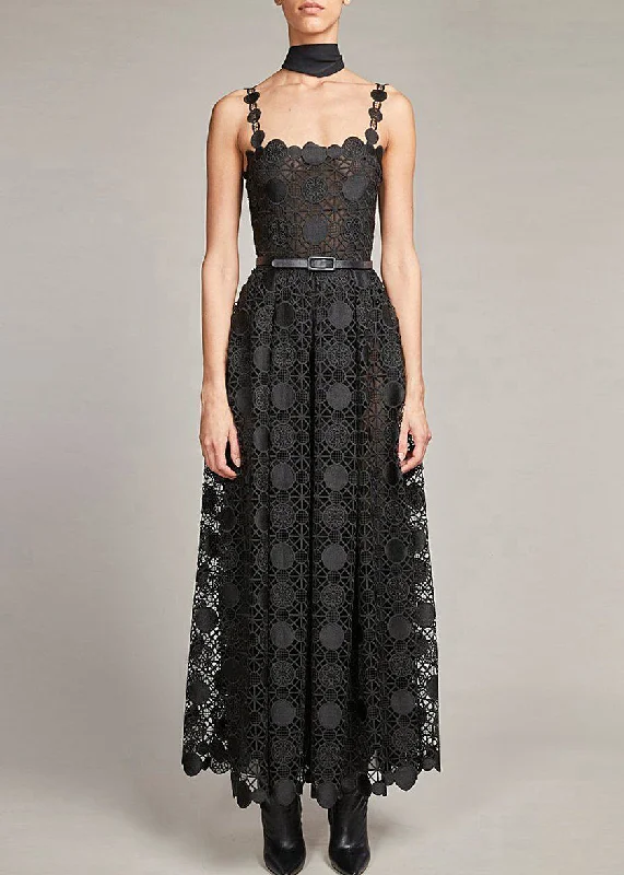 Italian Black Backless Lace Spaghetti Strap Dress Summer Lace Evening Gown