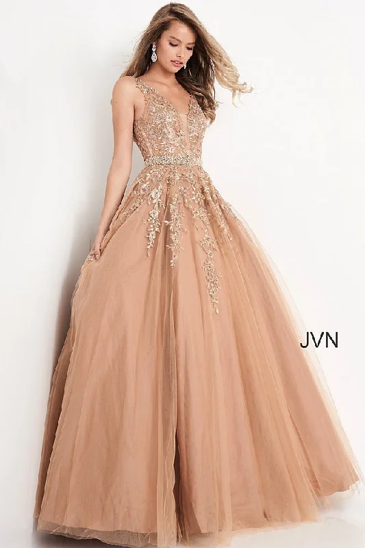 Jovani JVN00925 Size 4 Gold Embellished Lace Ball Gown Prom Dress Plunging neckline Lace Dress Accent