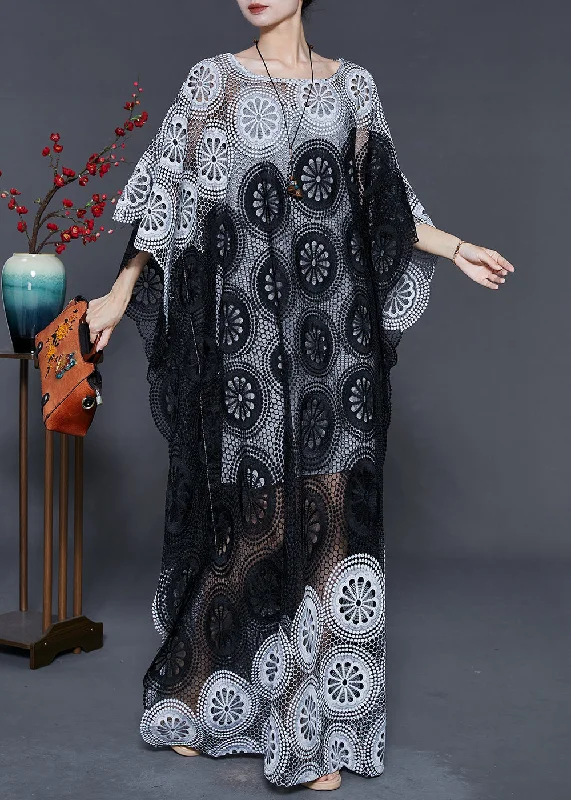 Black Grey Patchwork Lace Long Smock Hollow Out Summer Off-shoulder Lace Dress