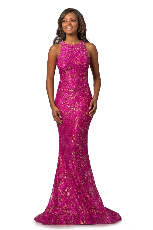 Johnathan Kayne 2036 Size 12 Magenta Metallic Shimmer Lace Prom Dress Pageant Gown Lace Fit-and-Flare