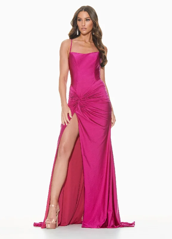 Ashley Lauren 11040 sz 8 Raspberry Lace Up Back Prom Dress with Twist Knot Detail and slit Lace Evening Dress