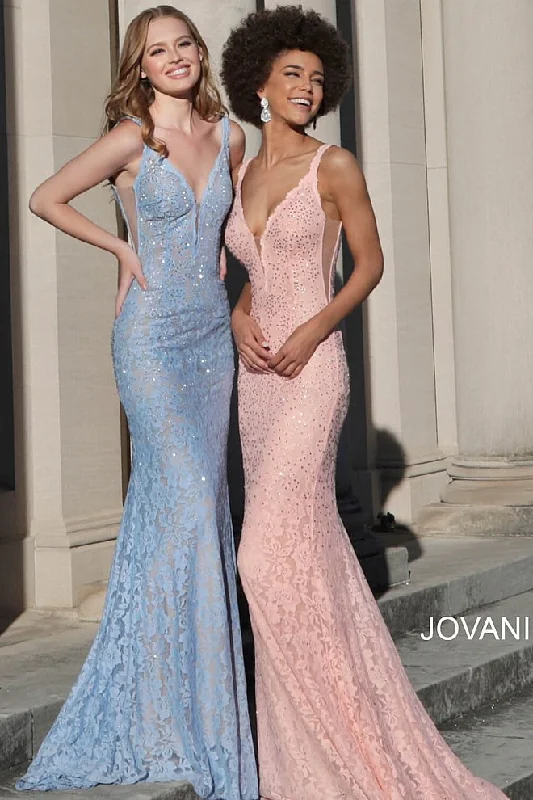 Jovani 48994 Size 10 Peach embellished stretch lace prom dress pageant gown Lace Gown Glam