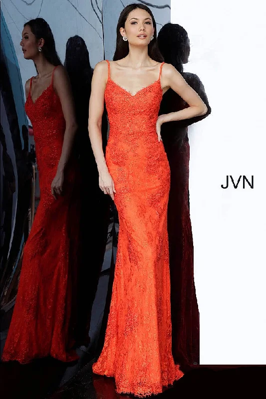 Jovani JVN02013 Size 14 Orange/Red Long Fitted Lace Prom Dress Evening Gown Sheer Lace Dress