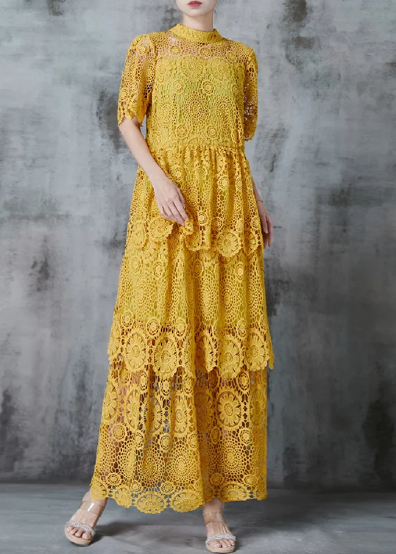 Boutique Yellow Hollow Out Lace Long Dress Summer Lace Bridesmaid Gown