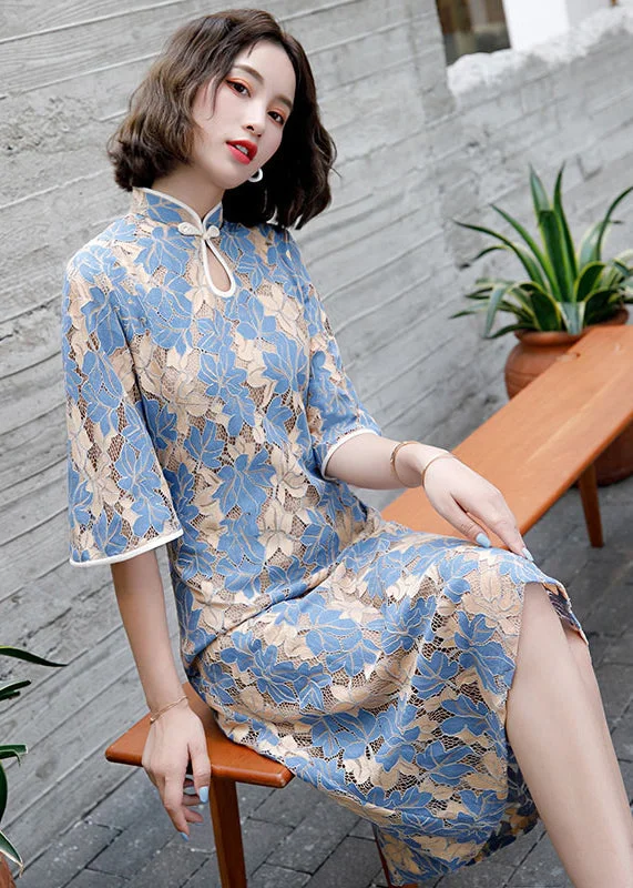 Women Blue Stand Collar Button Lace Cheongsam Dress Half Sleeve Off-the-shoulder Lace