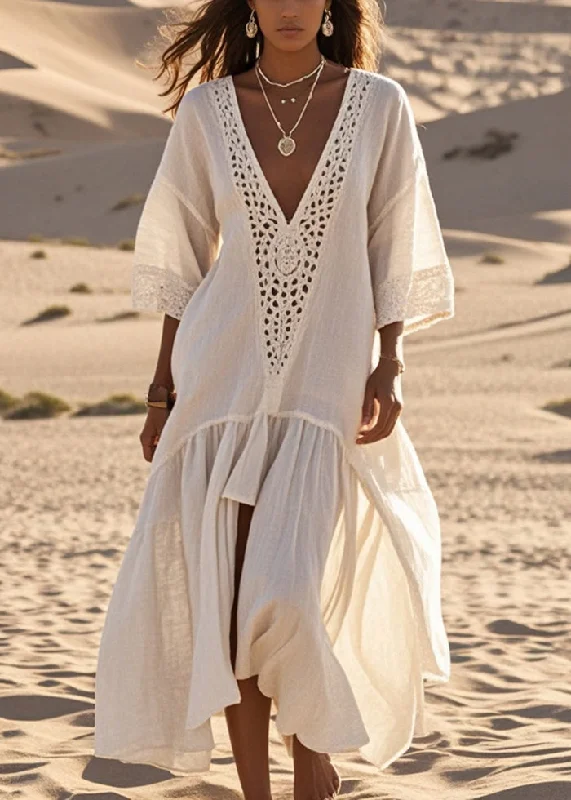 Elegant White Oversized Lace Patchwork Cotton Long Dresses Summer Lace Dress Dreamy