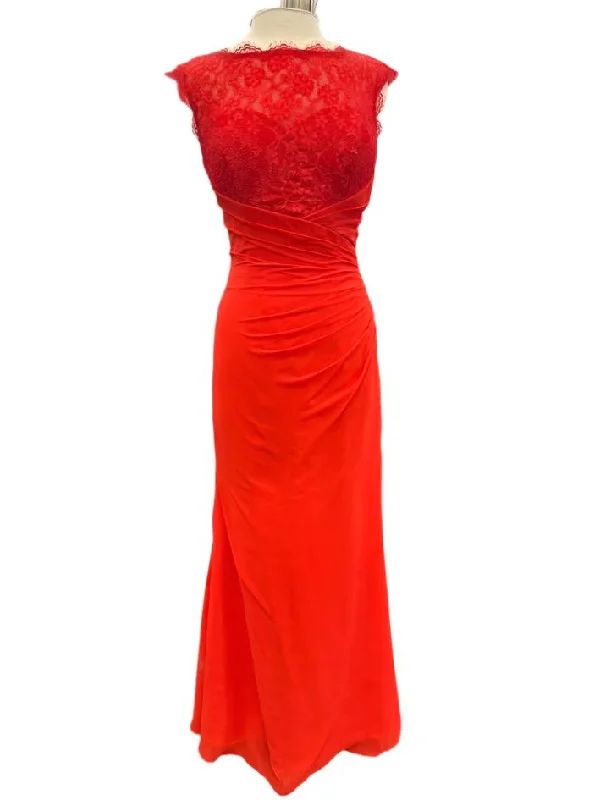 Adagio BM 158 Long Size 6 RED Sheer lace high neck formal Dress fitted Gown Bohemian Lace Dress