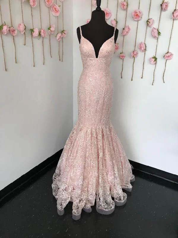 Ashley Lauren 1743 size 4 Blush Mermaid lace prom dress embellished gown Lace Dress Modern