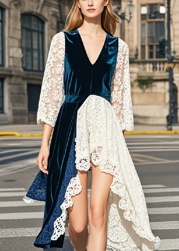 Fashion Navy Asymmetrical Lace Patchwork Silk Velvet Dresses Summer Lace Dress for Weddings