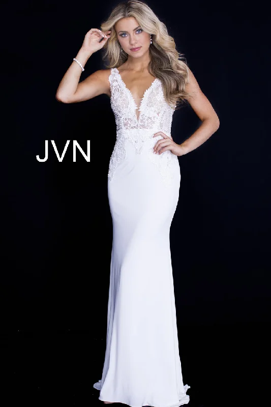 Jovani JVN 50950 Long Sheer Beaded Size 4 Navy Formal Evening Dress Lace Flowy Lace Dress