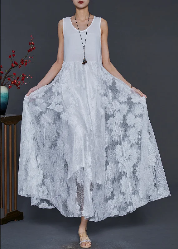 White Lace Dress Embroidered Exra Large Hem Sleeveless Lace Dress Glam