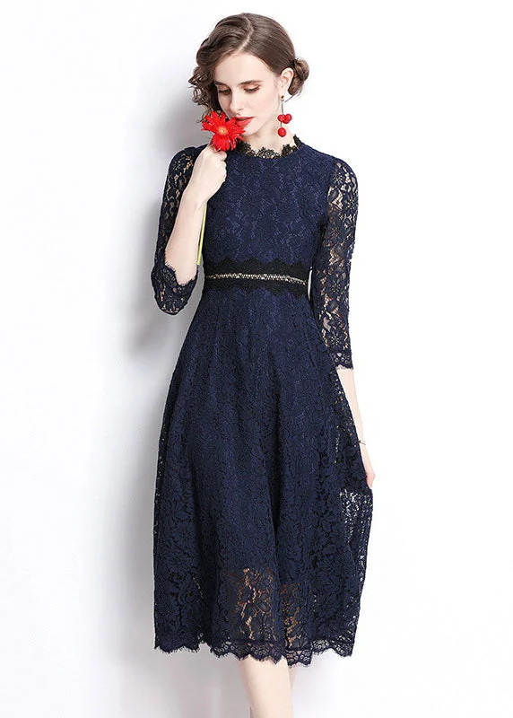 Modern Navy Embroideried Hollow Out Lace Long Dresses Bracelet Sleeve Lace Dress Layers