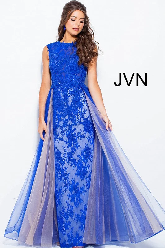 JVN by Jovani 58023 Size 0 Royal high neck prom dress overskirt lace cap sleeve Lace Gown Style