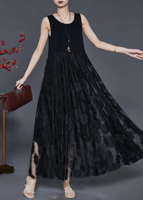 Classy Black Embroidered Lace Long Dress Sleeveless Elegant Lace Gown