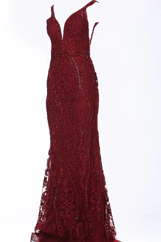 Jovani JVN03112 Size 10 Burgundy Long Fitted Lace Prom Dress Evening Gown V Neck Lace Dress Glamour