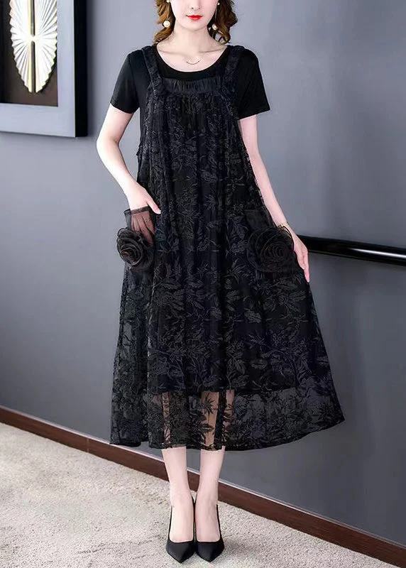 Italian Black Embroidered Pockets Lace Long Dresses Sleeveless Layered Lace Dress