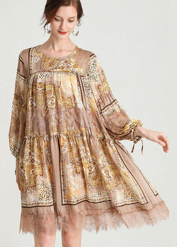 Organic Yellow Print Patchwork Lace Mid Dress Fall Chiffon Dress Lace Party Gown