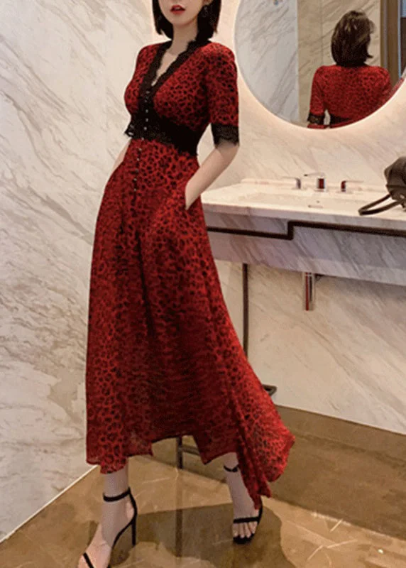 Novelty Red Print Lace Patchwork Vacation Chiffon Long Dresses Short Sleeve Casual Lace Dress