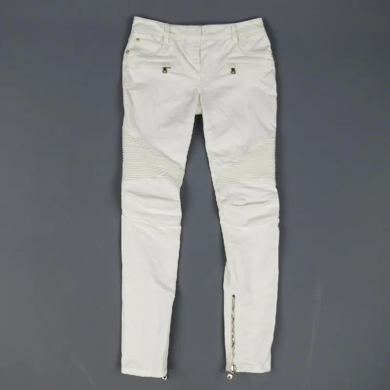 BALMAIN Size 4 White Cotton Gold Zip Moto Jeans