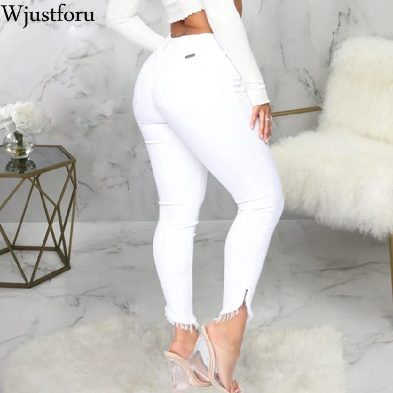 Wjustforu White Elegant Hole Jeans Pants Women Bodycon Casual Denim Pencil Pants Female Summer Fashion Tight Jeans Trousers