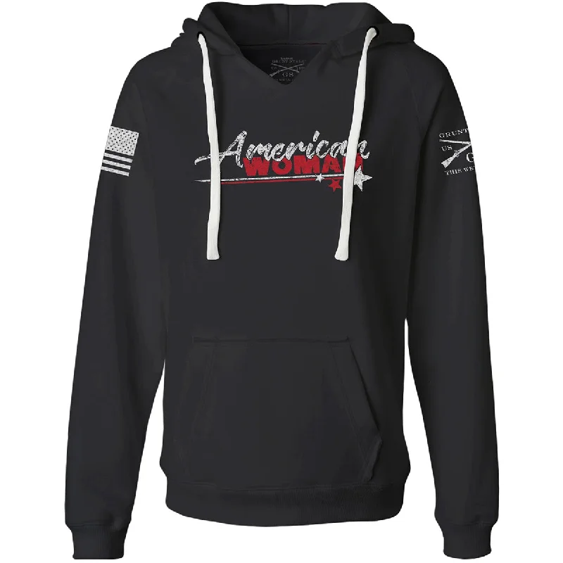 Grunt Style Women's American Woman 2.0 V-Neck Pullover Hoodie - Black Lightweight Hooded Sweatshirt