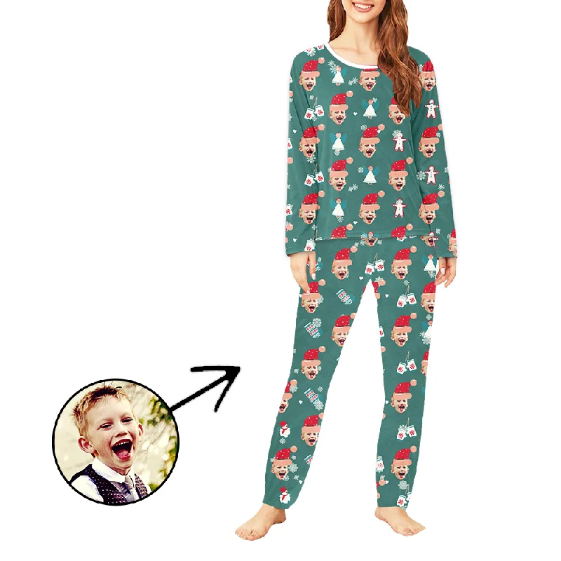 Custom Women's Photo Pajamas Christmas Hat And Snowflake Long Sleeve Petite pajama sets