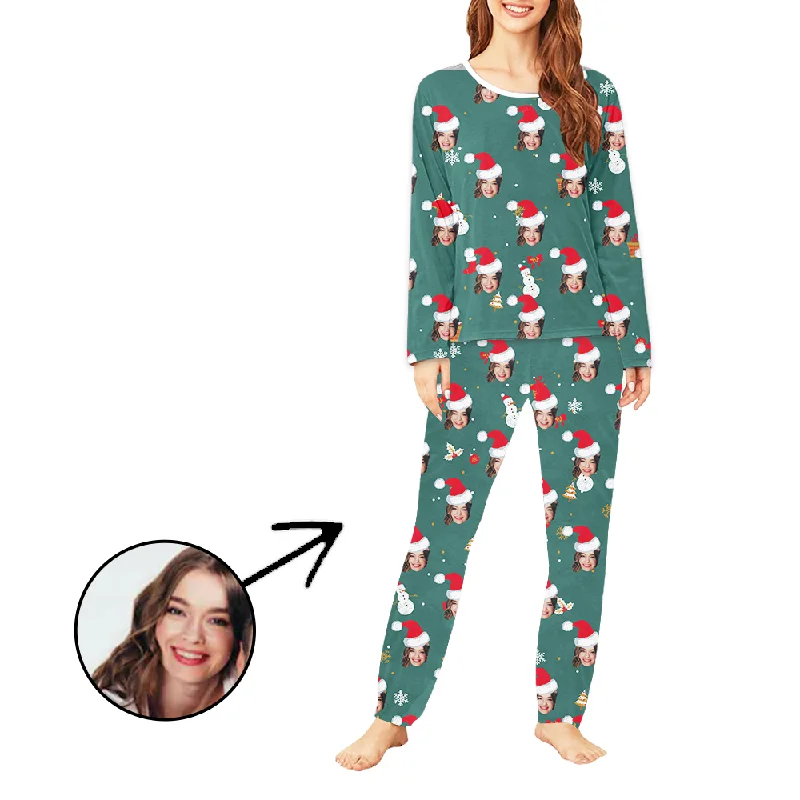 Custom Women's Photo Pajamas Christmas Hat And Snowman Long Sleeve Cartoon pajama sets