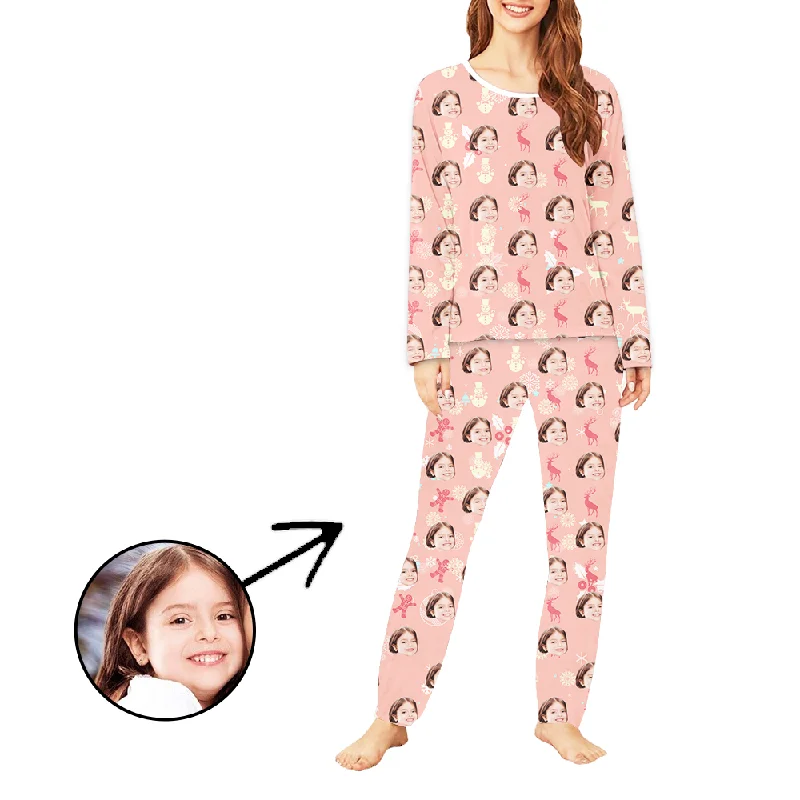 Custom Women's Photo Pajamas Christmas Reindeer Long Sleeve Cozy pajama sets