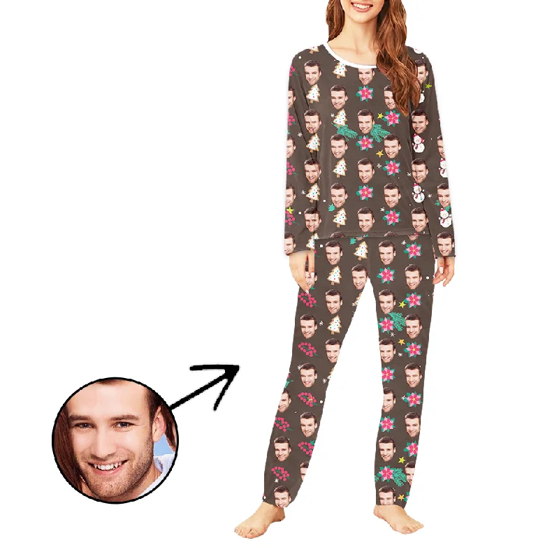 Custom Women's Photo Pajamas Christmas Tree And Flower Long Sleeve Fall pajama sets