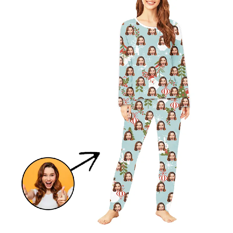 Custom Women's Photo Pajamas Christmas Tree And Rabit Long Sleeve Cute pajama sets