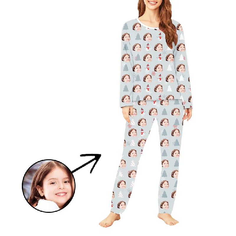 Custom Women's Photo Pajamas Christmas Tree And Snowman Long Sleeve Satin pajama sets