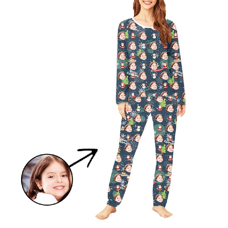 Custom Women's Photo Pajamas Merry Christmas Day Long Sleeve Flannel pajama sets