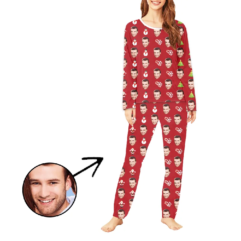 Custom Women's Photo Pajamas Merry Christmas Long Sleeve Polyester pajama sets