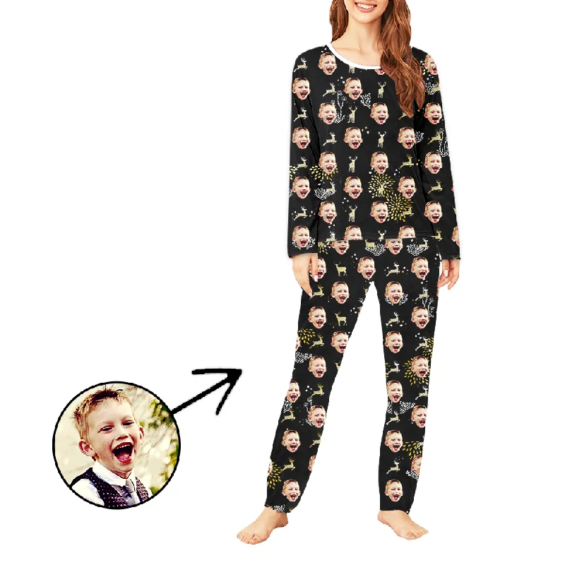 Custom Women's Photo Pajamas Reindeer And Fireworks Long Sleeve Couple pajama sets