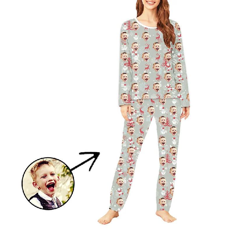 Custom Women's Photo Pajamas Reindeer And Snowman Long Sleeve Unisex pajama sets