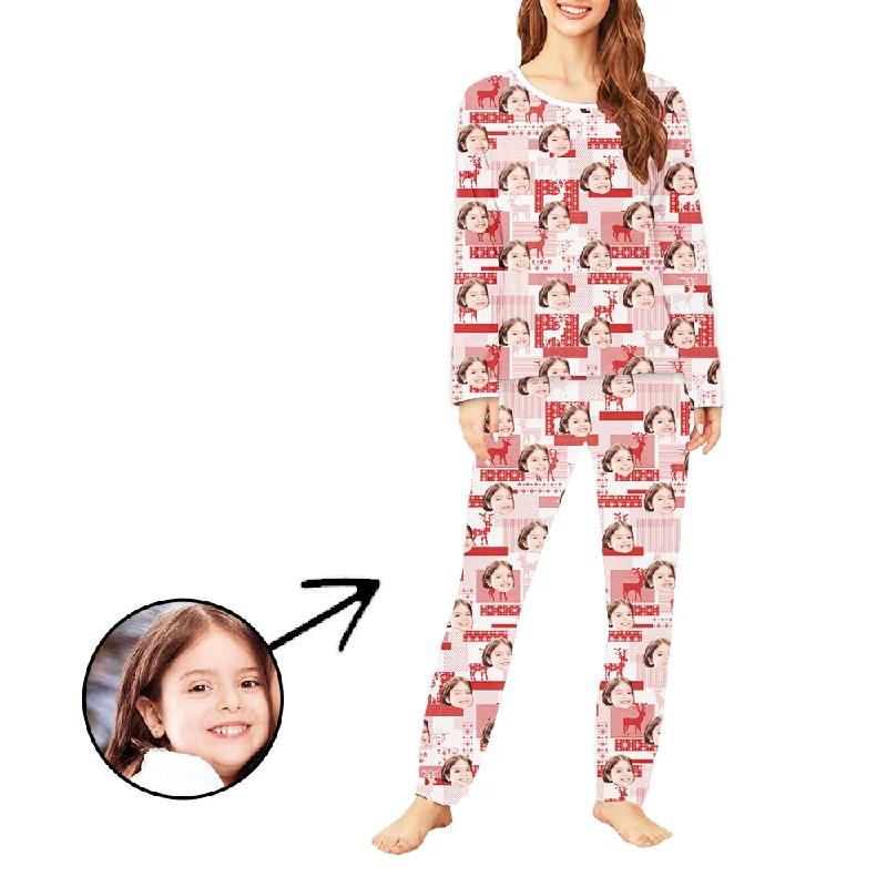 Custom Women's Photo Pajamas Reindeer Christmas Long Sleeve Fleece pajama sets