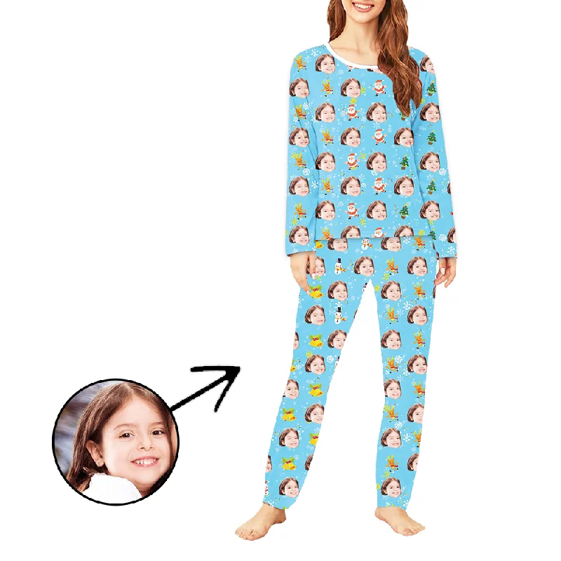 Custom Women's Photo Pajamas Snowman And Reindeer Long Sleeve Velvet pajama sets