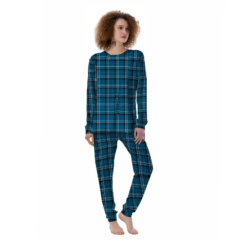 Tartan Teal Stewart Print Pattern Women's Pajamas Travel pajama sets