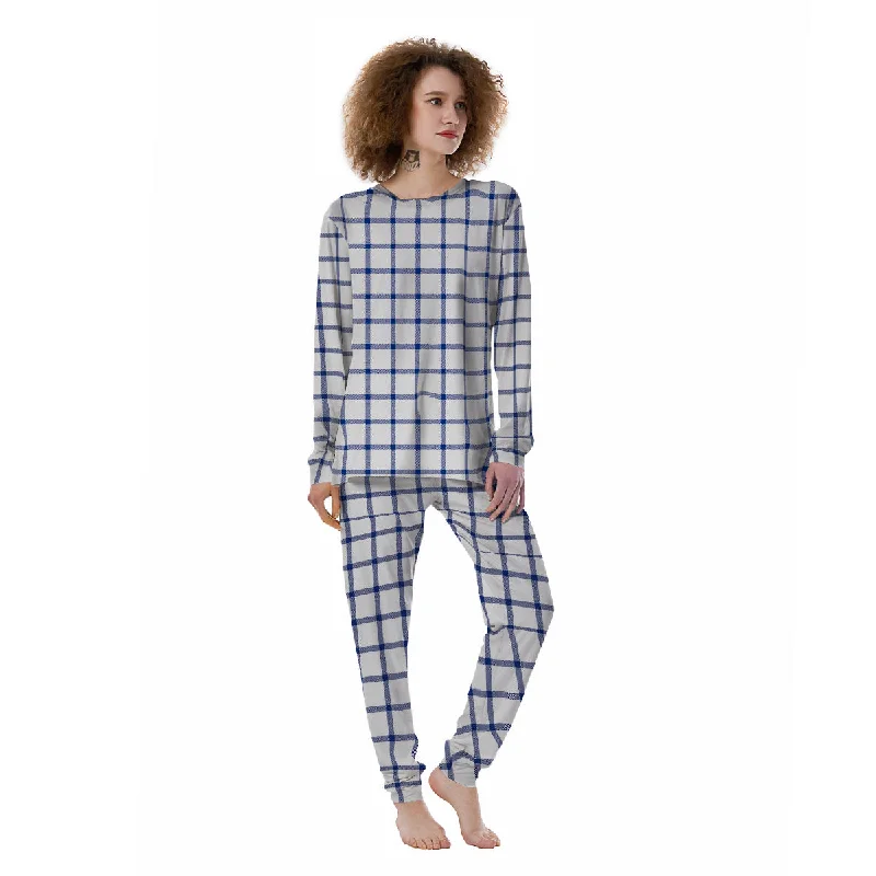 Tattersall Blue And White Print Pattern Women's Pajamas Short sleeve pajama sets