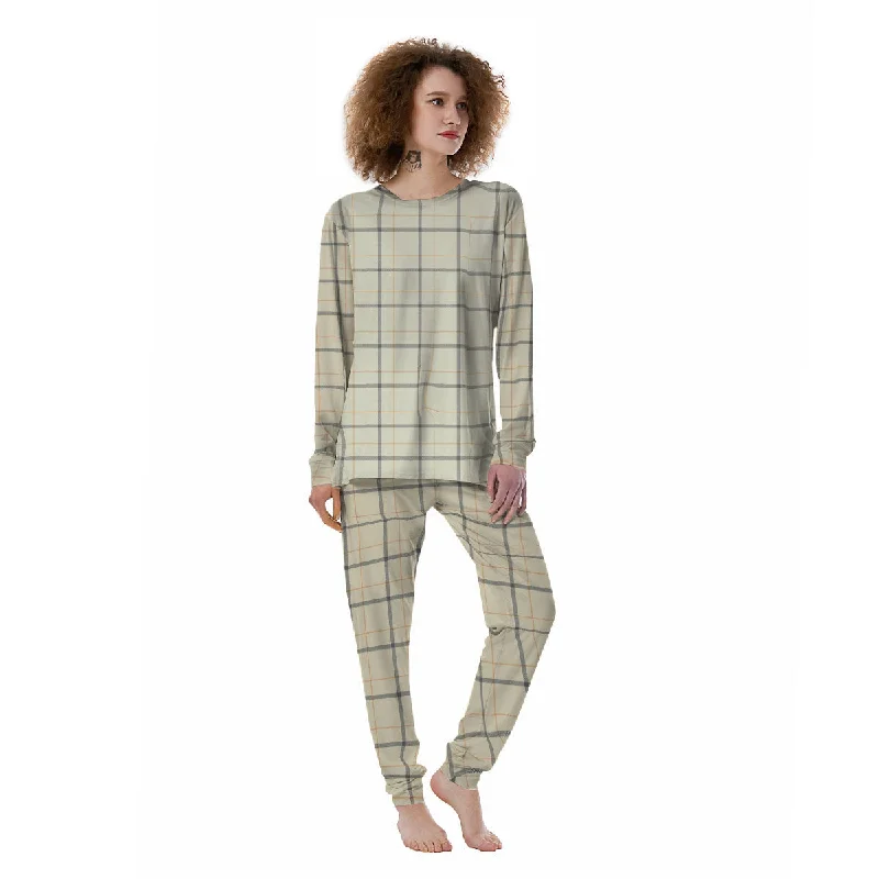 Tattersall Yellow And Beige Print Pattern Women's Pajamas Thermal pajama sets